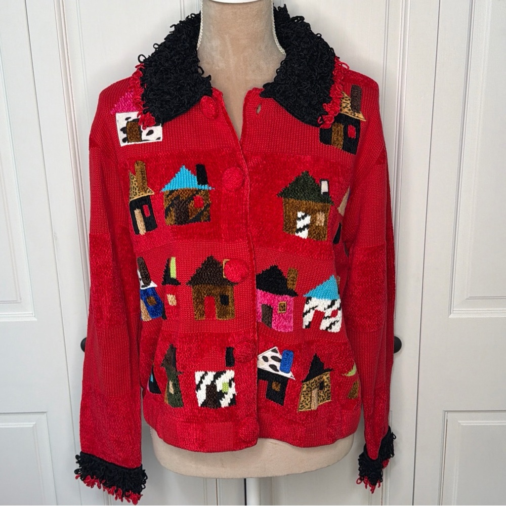 Vintage Women’s Berek Red Knit Cardigan Sweater Large Holiday Houses Buttons AOP